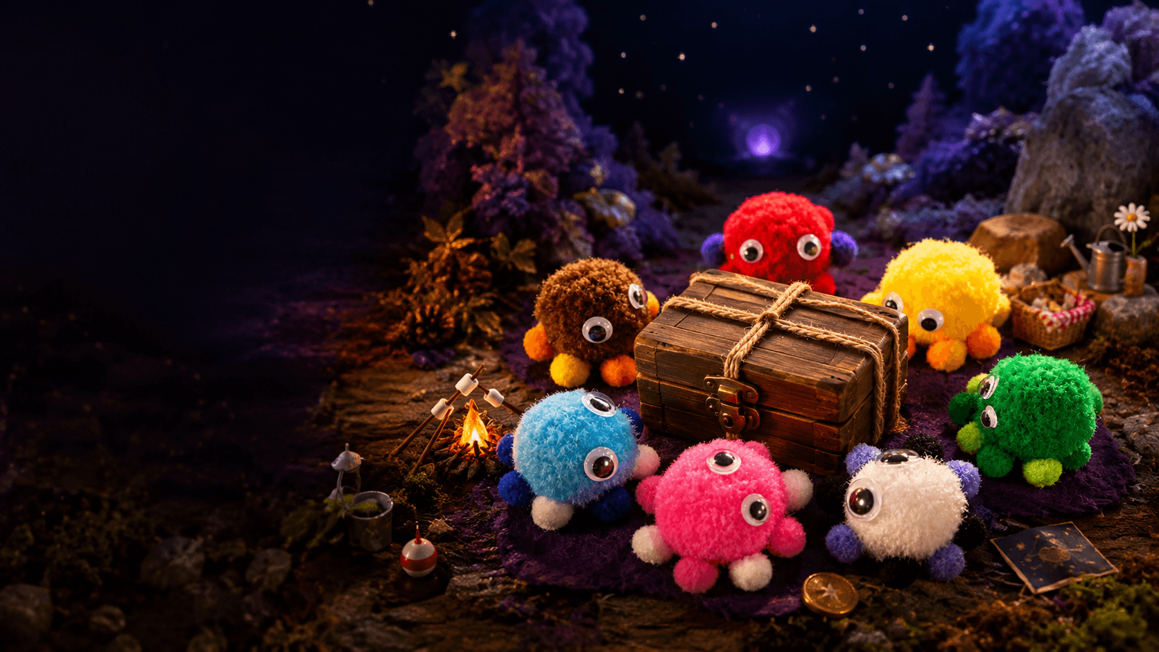 Seven handmade Wuzzlings gathered around a closed wooden mystery package with small clues from several possible adventure worlds