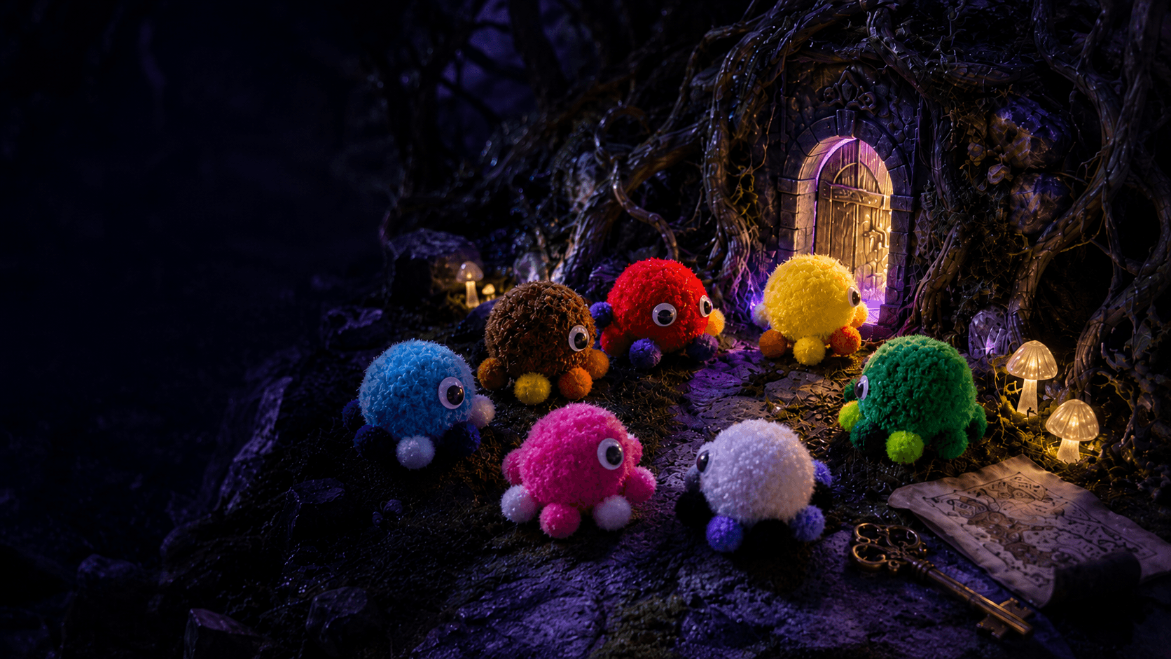 Seven handmade Wuzzlings facing a hidden glowing doorway in a moonlit miniature forest beside an unusual key and incomplete map