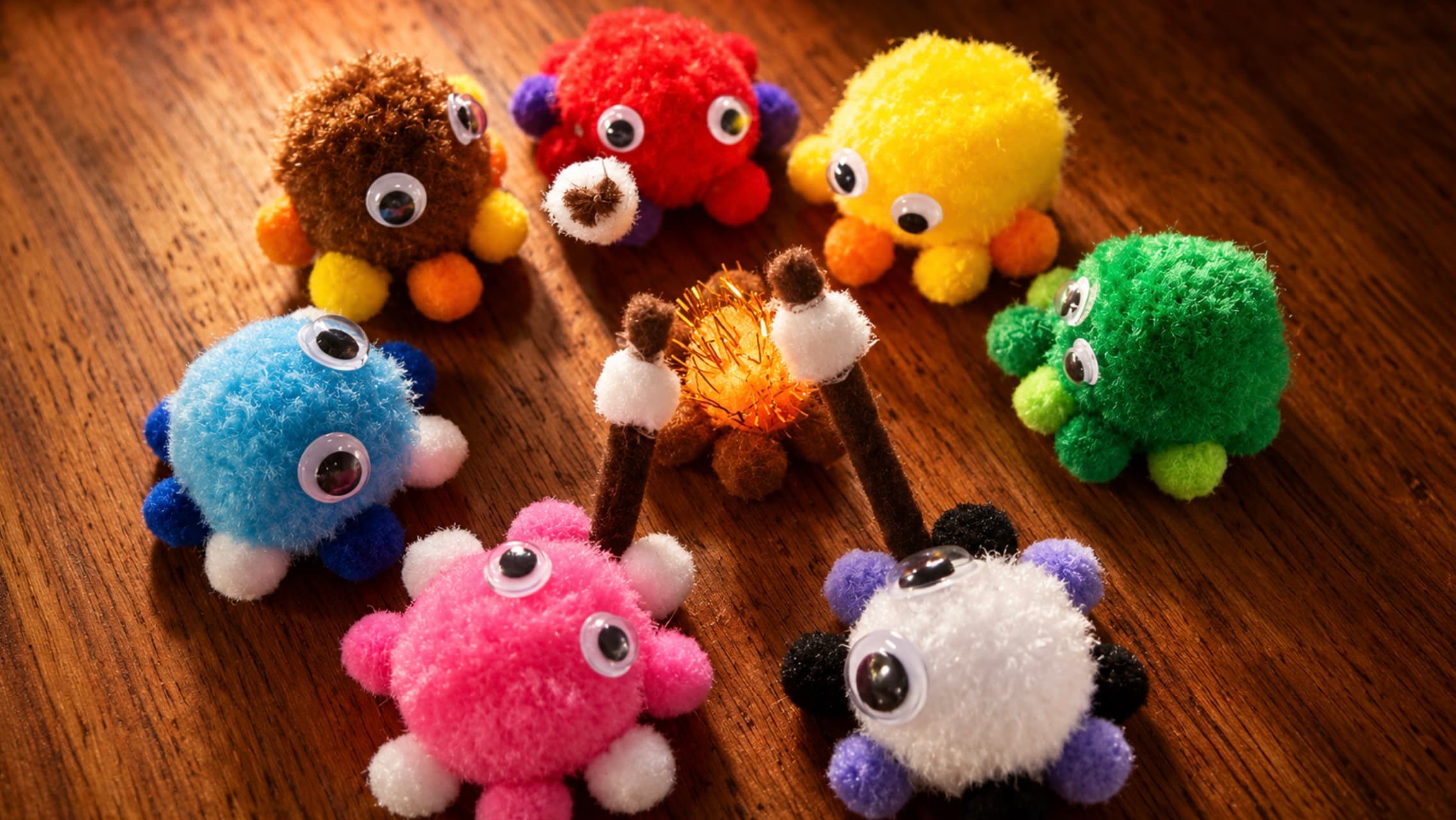 The seven colorful Wuzzlings in an early handmade prototype photograph