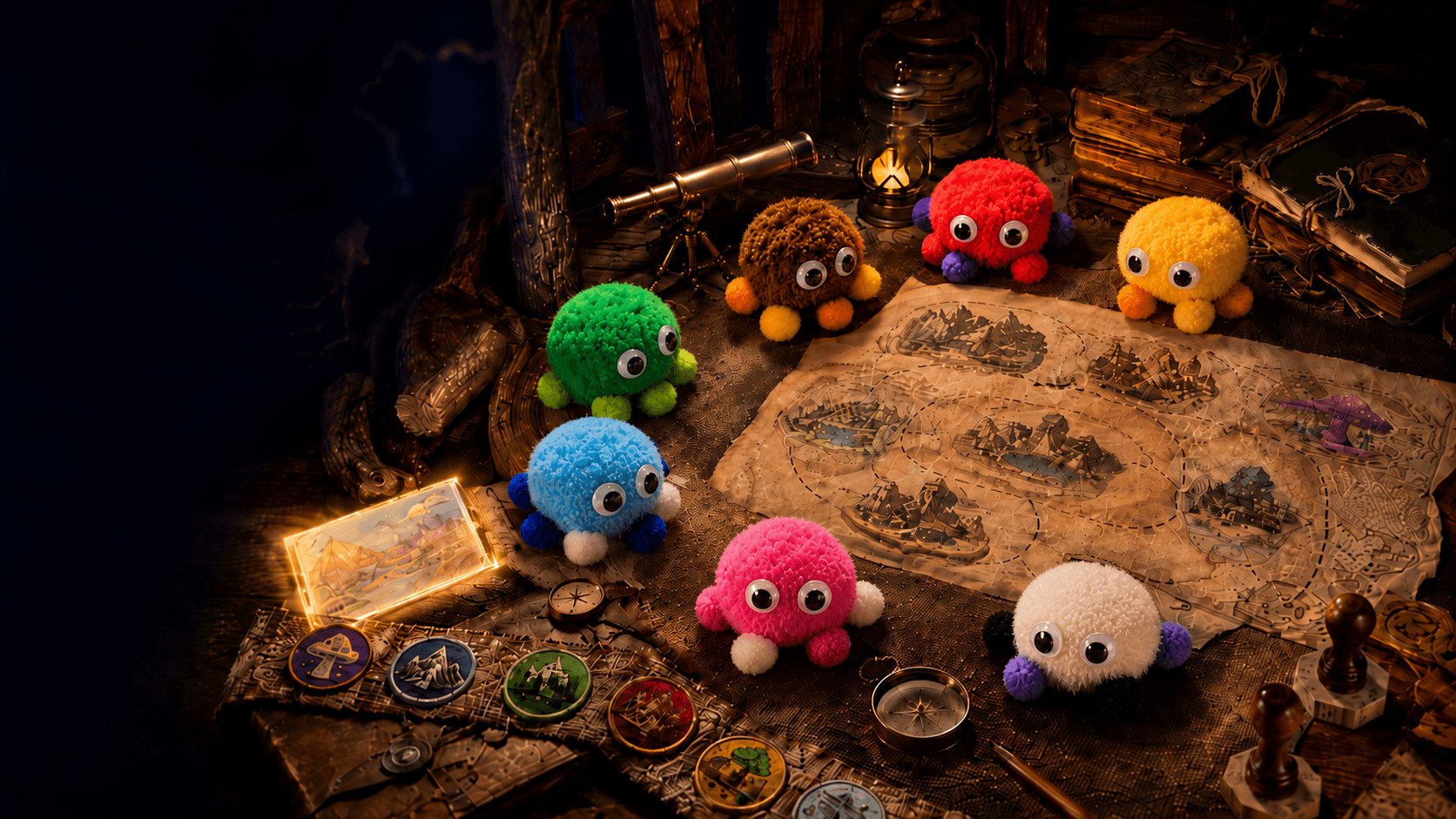 Seven handmade Wuzzlings gathered in a cozy miniature explorer map room with a large handmade map, journals, badges, and a glowing explorer card