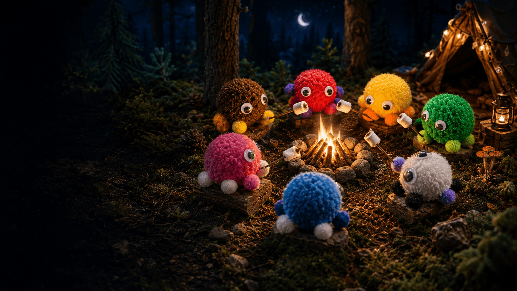 Concept scene of seven colorful handmade Wuzzlings toasting marshmallows around a campfire in a moonlit forest